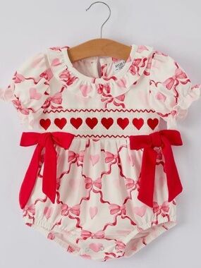 Rylee Faith Designs Pink Heart & Bow Smocked Baby One-Piece